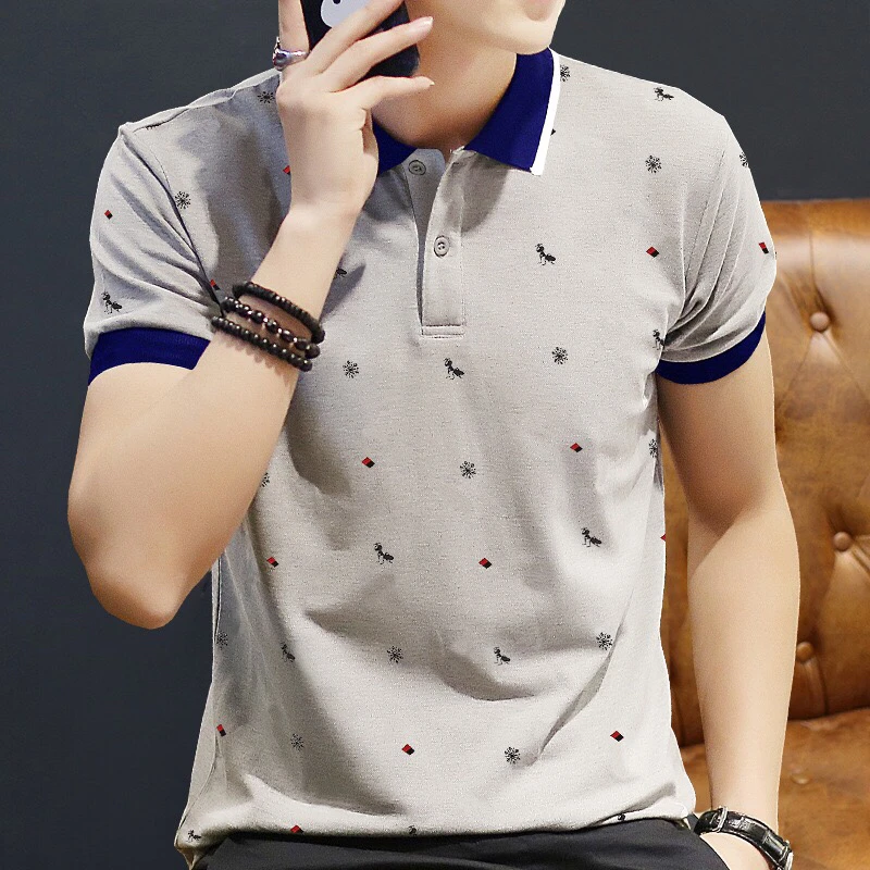Модная летняя мужская хлопковая брендовая мужская рубашка поло с принтом, Мужская рубашка поло с коротким рукавом и отворотом, приталенная мужская одежда
