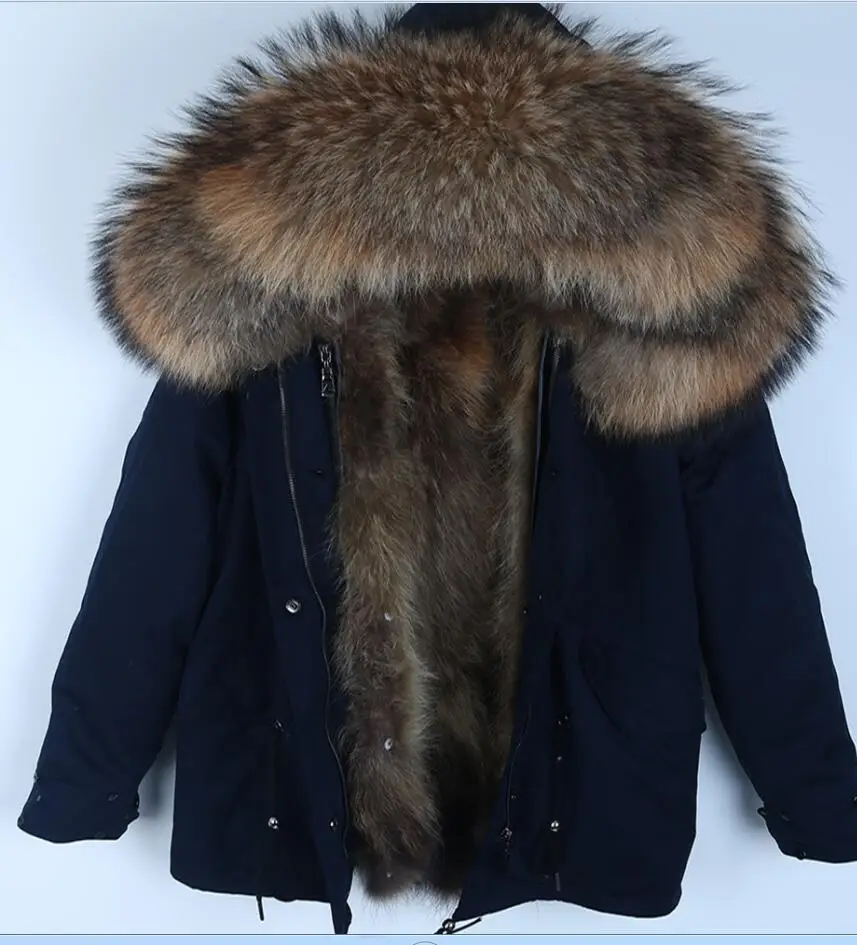 raccoon fur liner Толстое теплое короткое пальто мужская зимняя куртка воротник из натурального меха енота пальто с капюшоном природный енот меховая подкладка Куртка парка из натурального меха - Цвет: raccoon fur liner