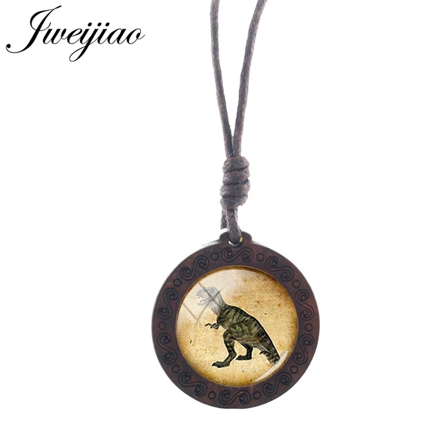 JWEIJIAO Dinosaur Tyrannosaurus Pattern Gothic Necklace Rope Chains Wooden Round Pendant Jewelry Boys Party Accessories NS297 01 NS297 01