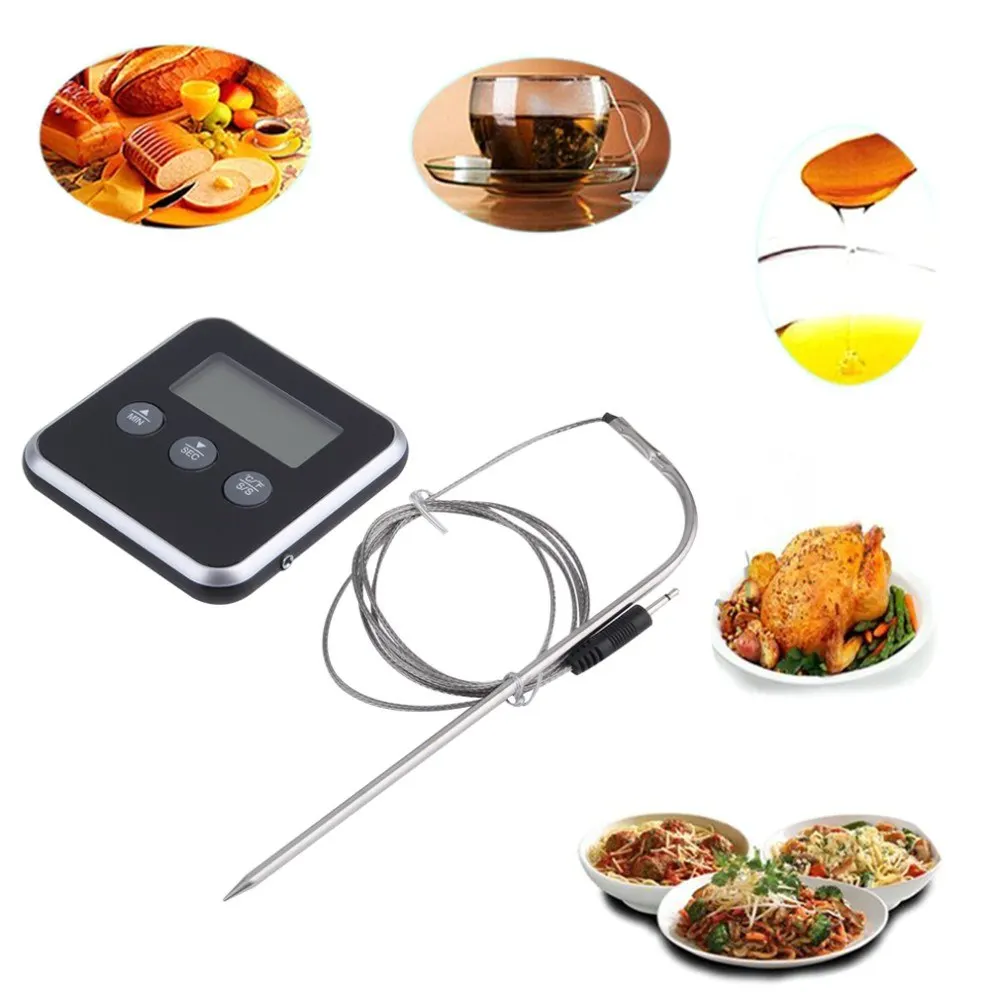 1Pc Digital Display C/F Food Thermometer Probe Timer Meter Household Cooking Kitchen BBQ Meat Light Weight Portable Compact