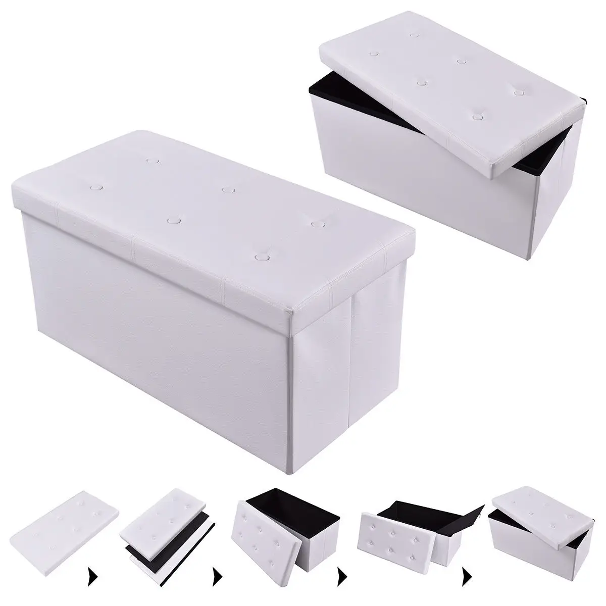 

Costway 30"x15"x15" Large Folding Storage Faux Leather Ottoman Pouffe Box Stool (White)