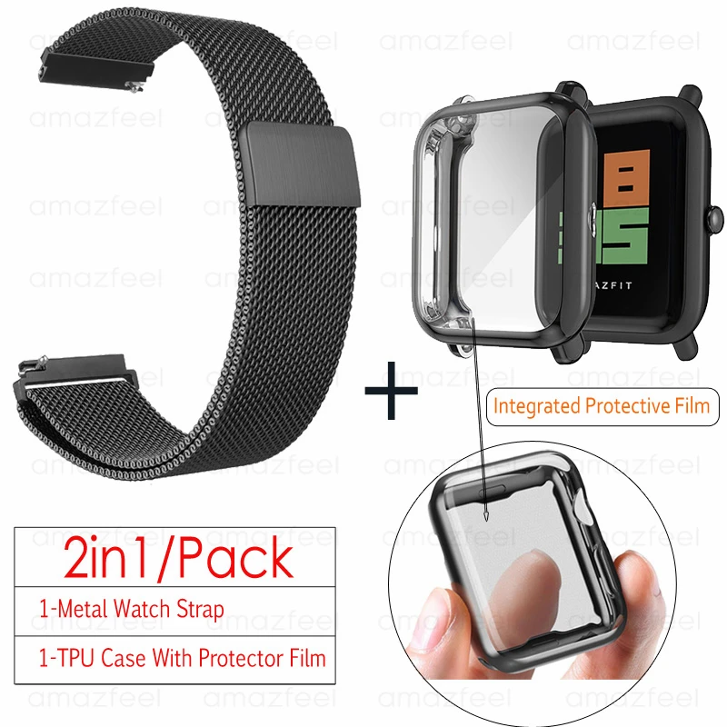 2в1 аксессуары для часов для Amazfit ремешок bip розовый чехол Защитная пленка для экрана браслет для Amazfit bip lite ремешок на запястье - Цвет: black-black case