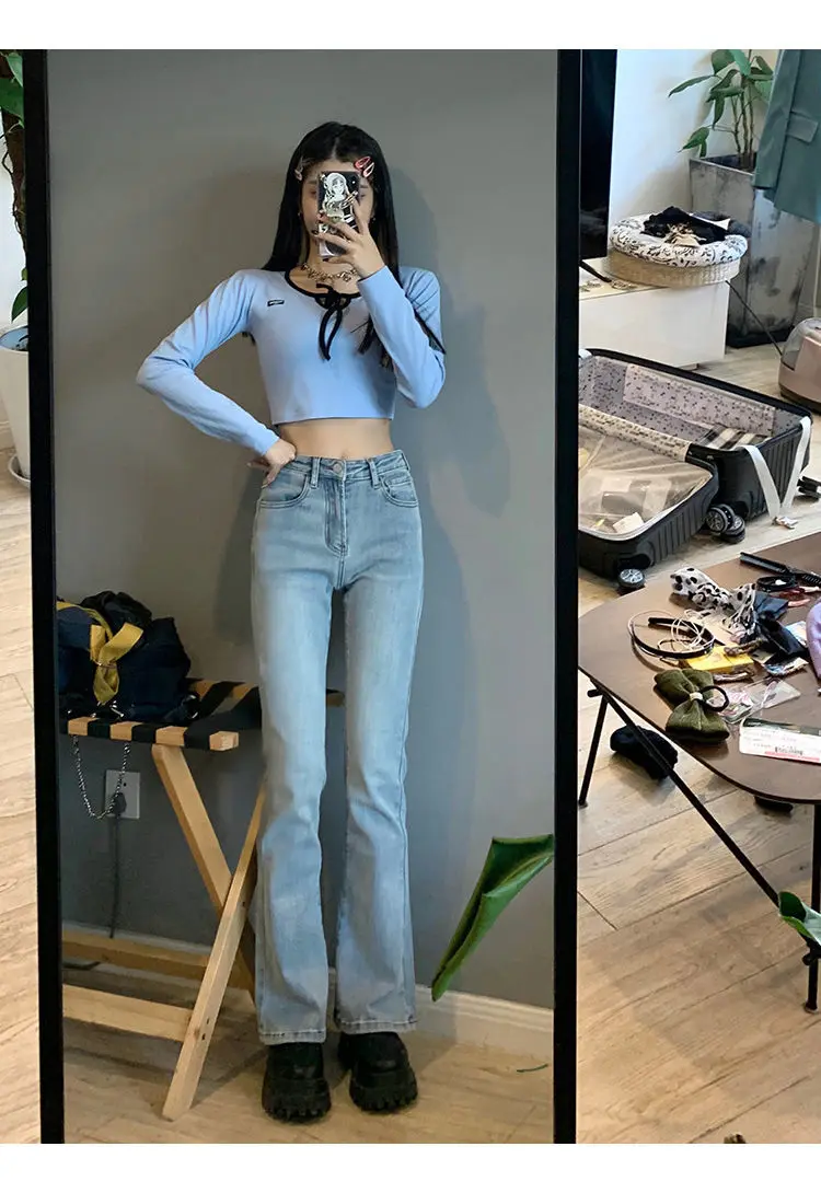 Women's Vintage High Waist Trumpet Full Length Jeans Female Lady Streetwear Elastic Slim Denim Flare Boot Cut Pants For Women wide leg jeans