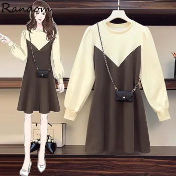 

Plus Size Women Patchwork Sweatershirt Dress Autumn 2020 Long Sleeve Vintage A Line Dresses With Bag Girl Fall Fashion Clothing