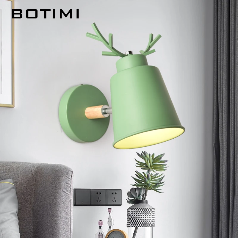 

BOTIMI Nordic Deer Decor LED Wall Lamp With Metal Lampshade For Bedroom Modern White Wall Sconce Green Bedside Lighting Fixtures