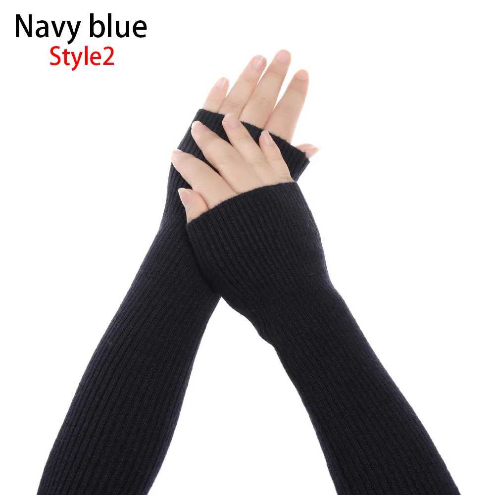 navy blue 2 Эластичные вязаные гетры для рук на осень и зиму, шерстяные кашемировые вязаные одноцветные длинные перчатки без пальцев - Цвет: navy blue 2
