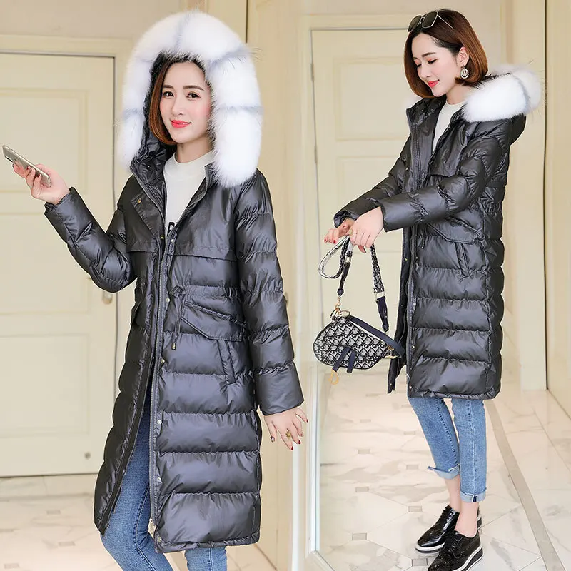 

Mid-length Cotton-padded Clothes 2019 Winter New Style Warm Large Fur Collar Loose-Fit Comfortable Simple Cotton-padded Clothes