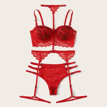 

Christmas Sexy Floral Scalloped Trim Lace Lingerie Set New Women Bra And Thongs Sets Wireless Navy Sexy Underwear Bra Set D