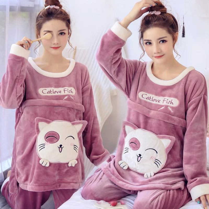 Cute cat Ночная рубашка для беременных; пижамы для грудного вскармливания; ночная рубашка с кошкой для беременных; сезон осень-зима; теплая мягкая пижама из плотного кораллового флиса для беременных - Цвет: Cute cat