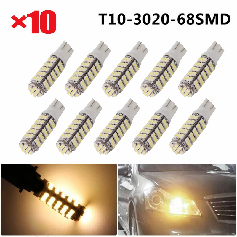 10 шт. DC 12V автомобильный T10 3020 68SMD светодиодный лампочка 3500K~ 4000K запасные части