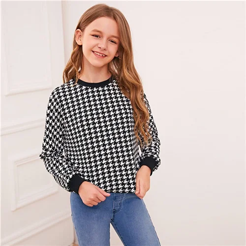 Black and White SHEIN Kiddie/Повседневная Толстовка с принтом в черно-белую ломаную клетку; топы для детей; коллекция года; весенние однотонные пуловеры с длинными рукавами и отделкой для подростков - Цвет: Black and White