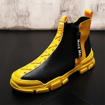 

Yellow Casual Shoes Men Slip On Mens Leather Boots Steampunk Man Boots Shoes Breathable Men Fashion Sneakers 5.5-4.9#18/10D50