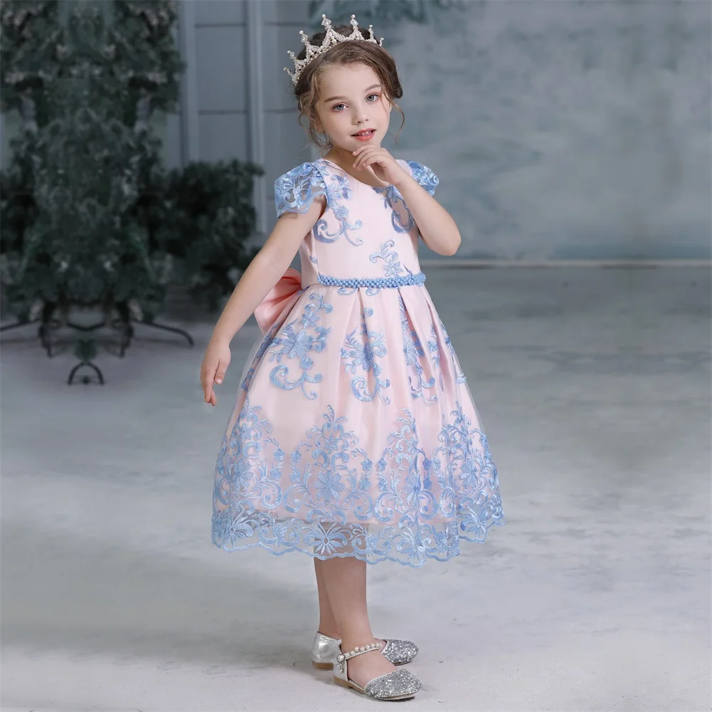 Princess Party Dress Toddler Kids Baby Girl Dresses Round Neck Short Sleeve Lace Bow Flower Tutu Lace Birthday Ball Gown Dress