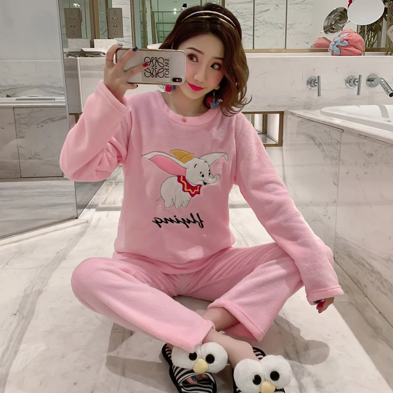 

Winter Women Long Sleeve Flannel Pyjamas Set Female Thick Warm Coral Velvet Pajamas Set O Neck Dumbo Embroidery Sleepwear Suit