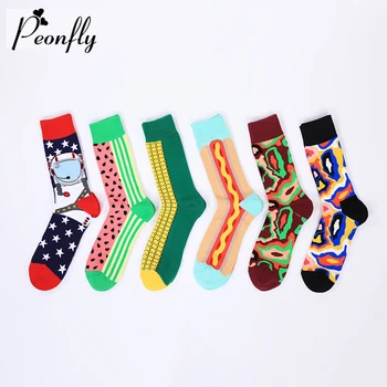 

PEONFLY 1 Pair Men Socks Combed Cotton Cartoon Astronaut Corn Watermelon Geometric Novelty Funny Socks Harajuku Calcetines