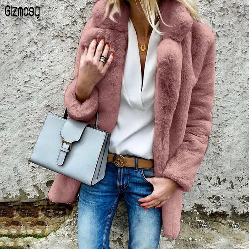 Autumn Winter New Solid Color Long Sleeved Women's Coat Female Fake Fur Collar Coat Thick Warm Coats Plus Size CA3262