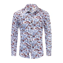 Европейский размер Летняя мужская гавайская рубашка хлопок Повседневная рубашка с длинными рукавами с принтом Мужская рубашка с пуговицами 188