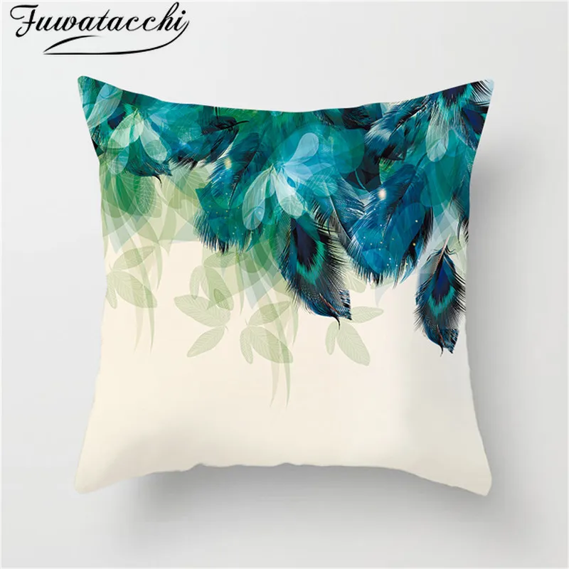 

Fuwatacchi Peacock Feather Cushion Cover Beautiful Color Contrast Feather Pillowcase For Sofa Car Home Decor Pillow Case 45x45cm