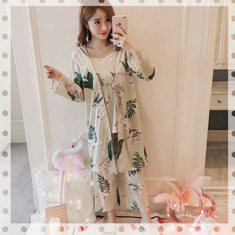 

women's 3 pieces pajamas sets 2019 spring and summer Furnishing wear Sexy Women Pajama Sets Nightdress+Robe+Pant Female Pajamas