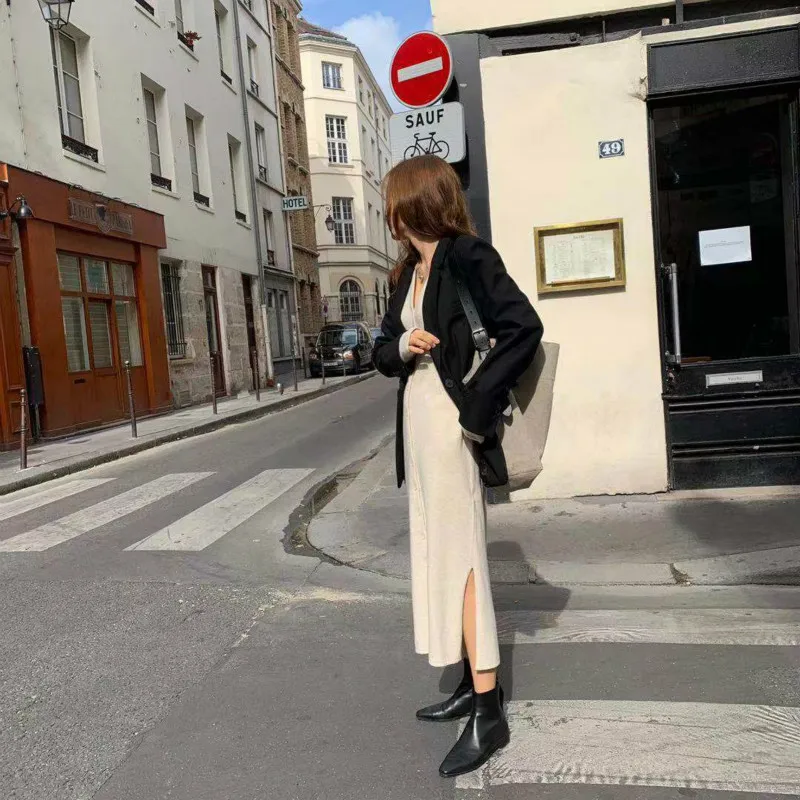 Ceny Kobiety jesień długa koszula sweter sukienka V Neck pojedyncze piersi Vestidos proste szata Femme elegancka Jurken Plus Size Sukienki