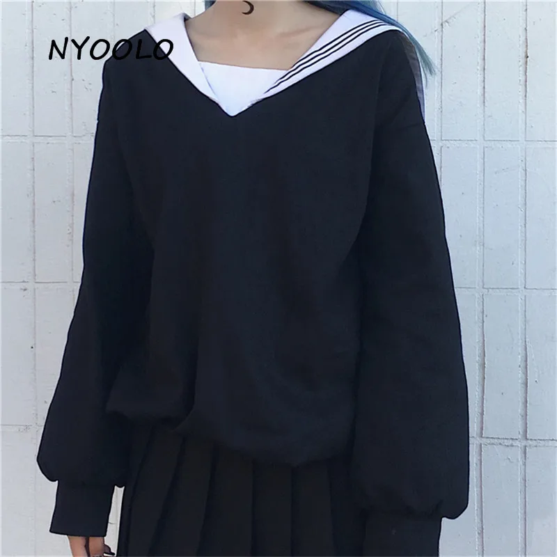 NYOOLO консервативный стиль Harajuku японские девушки матросский воротник чёрное худи осень хлопок длинный рукав пуловеры толстовка женская ткань