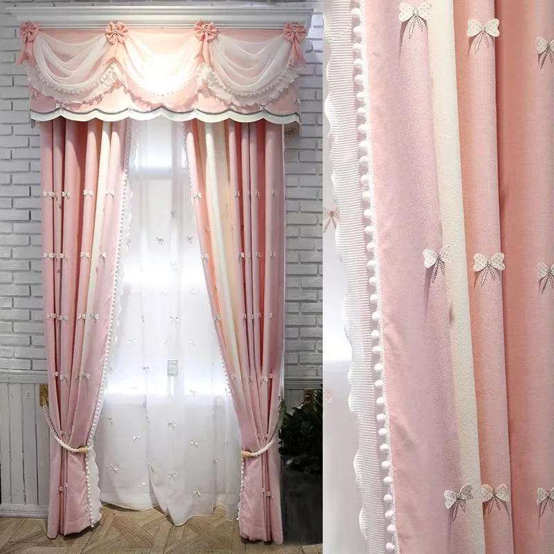 New luxury chenille embroidered curtains finished custom for living room high quality pink blue curtains for bedroom girls room