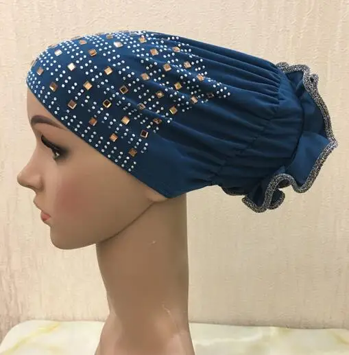 dark teal blue H008 мусульманские шляпы высокого качества, стразы, исламский шарф с цветком на спине, Тюрбан Хиджаб - Цвет: dark teal blue