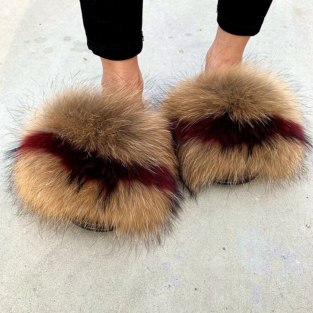 Raccoon Fur Slippers Slides For Women Open Toe Fuzzy Fur Slippers