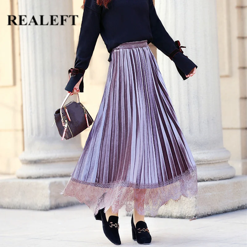 REALEFT Для женщин элегантные, кружевные, Лоскутные Бархатные длинные плиссированные юбки Высокая талия Harajuku Расклешенная юбка из тюля с женский осень-зима