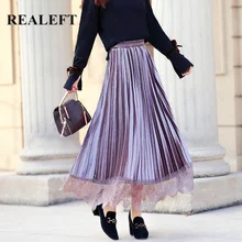REALEFT Для женщин элегантные, кружевные, Лоскутные Бархатные длинные плиссированные юбки Высокая талия Harajuku Расклешенная юбка из тюля с женский осень-зима