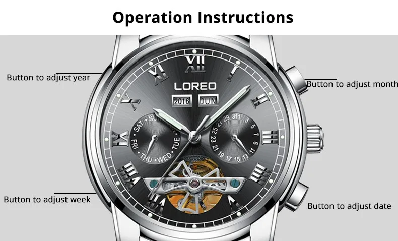 Perpetual Calendar LOREO Мужские автоматические механические часы Tourbillon водонепроницаемые деловые спортивные часы со скелетом Relogio Masculino