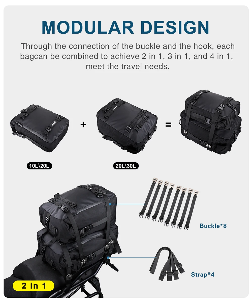 Rhinowalk Motorcycle Motocross Rear Seat Bag 10L 20L 30L Waterproof Luggage Pack Multi-Function 4 IN 1 Bumper Modification Bale (8)