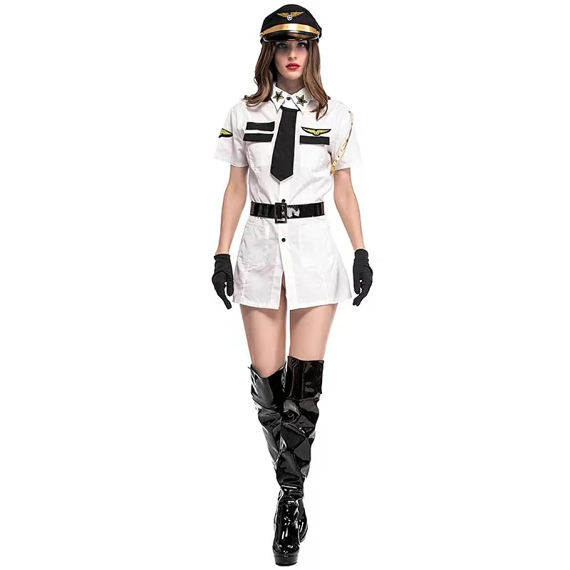 

White Female Pilot Flight Attendant Uniforms Women Halloween Stewardess Air Hostess Costumes Cosplay Carnival Purim Party Dress