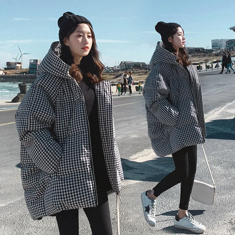 

Photo Shoot Dongdaemun over-the-Knee Cotton Coat Women's Mid-length 2019 New Style Grid hong yu rong Cotton-padded Clothes down