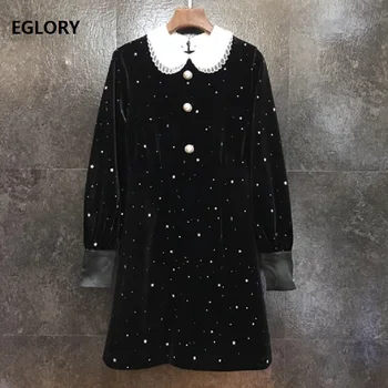 

Velvet Dress 2019 Autumn Winter Party Elegant Women Peter Pan Collar Star Patterns Beading Button Long Sleeve Black Dress Velour