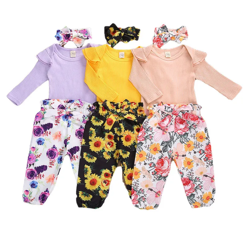 

2020 Baby Girl Clothing Long Sleeve Jumpsuit Flower Long Pants with Headband 3pcs Outfits Clothes