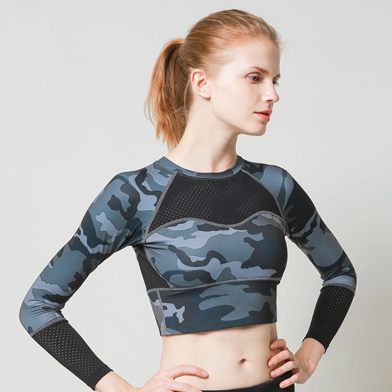 Women Seamless Long Sleeve Crop Top Yoga Athletic Gym Mesh Shirts Running Training Fitness Workout Top Quick Dry Active Shirts - Цвет: Camouflage green