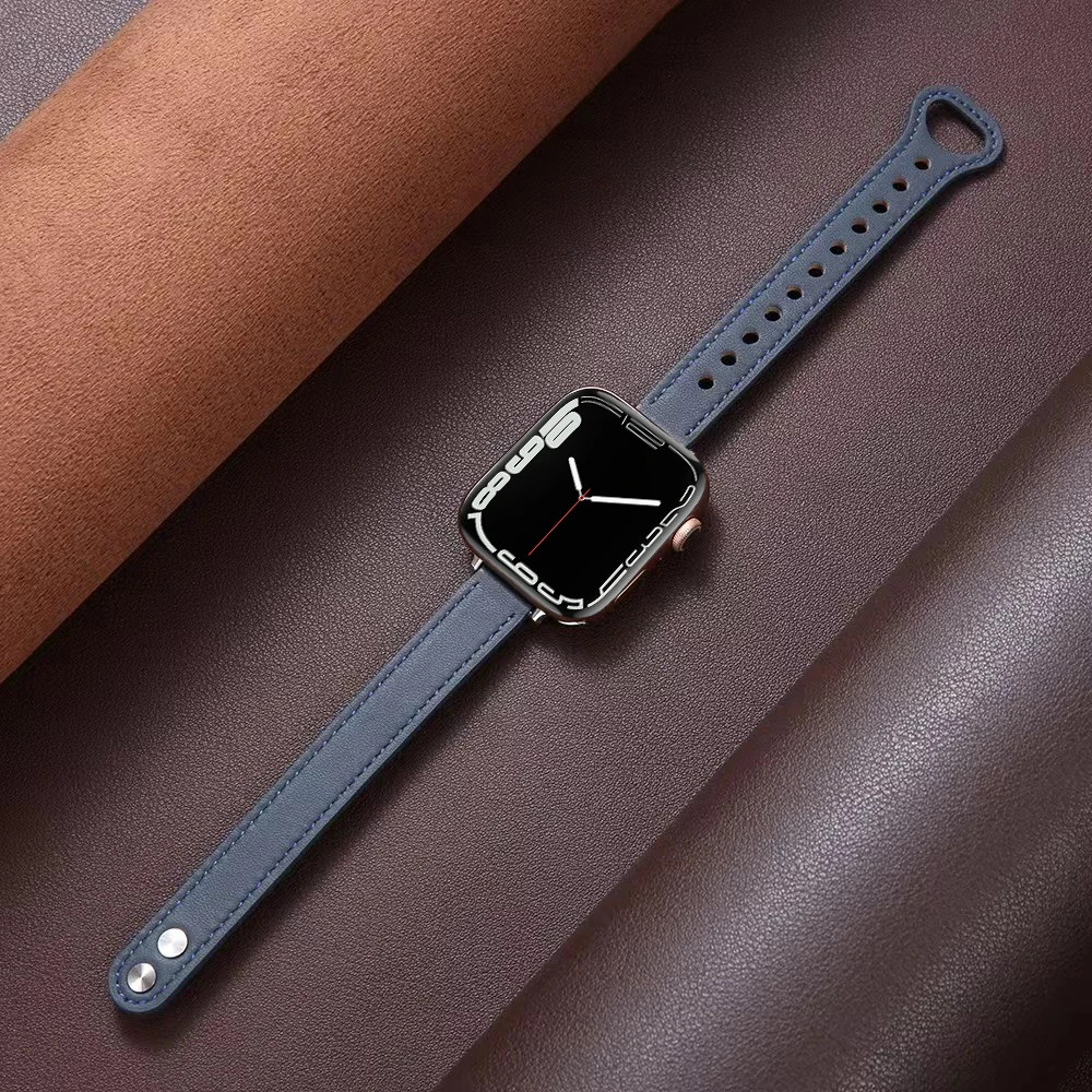 For apple watch 7 41mm 45mm band series 6 5 4 40mm 44mm slim leather strap for iwatch se 3 38mm 42mm bracelet women 