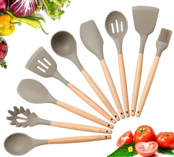 

ERMAKOVA Cooking Utensils Kitchen Utensil with Wooden Handle Non Toxic Silicone Spatula Turner Spoon Tong Flexible Cooking Tool