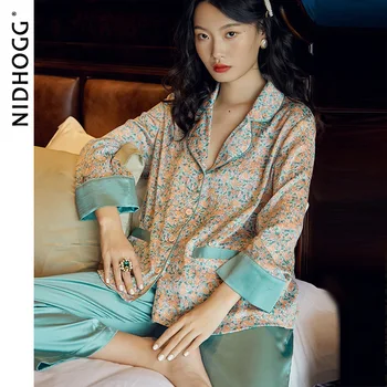 

Autumn Small Broken Flower Silk Pajamas Women's Loose-sleeved Sleepwear Two Piece Sets Stylish New Satin Pijamas Lounge Wear