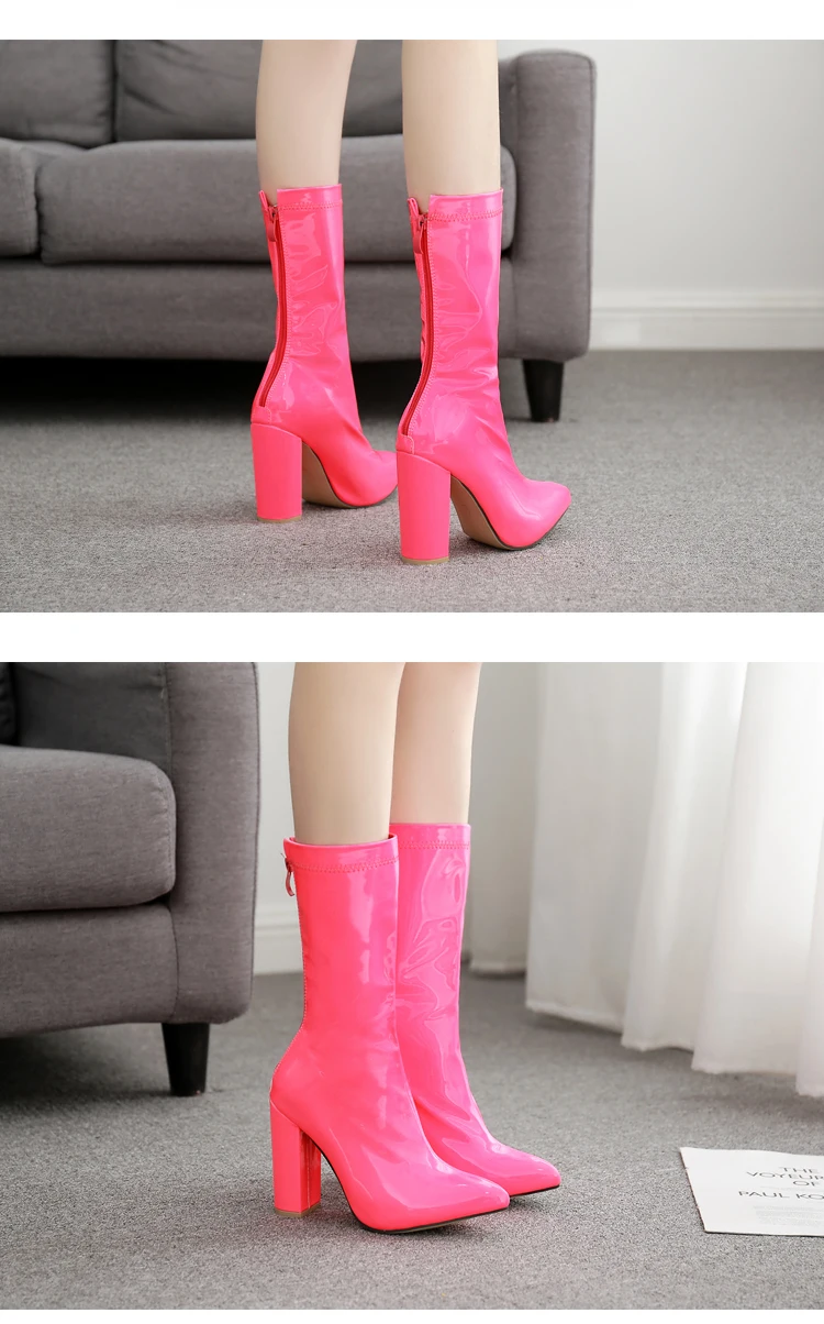 Women's Mid Calf Boots Leather Booties Round Toe Chunky Heel Zipper Female Shoes Luxury Designer Rubber High Heel Mid-Calf Ladi
