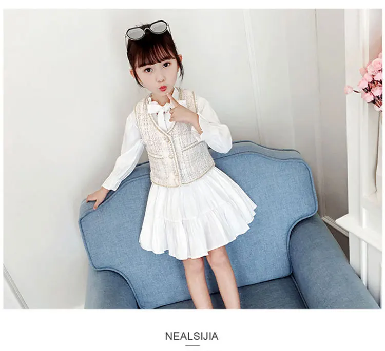 New autumn/spring European little CC style sleeveless vest+long-sleeved princess dress fashion set suits for teenage girls