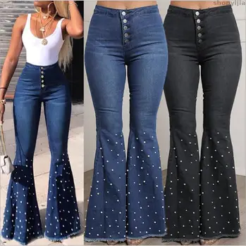 

New flare jeans casual denim women new vintage high waist beading hem long trousers fashion pants