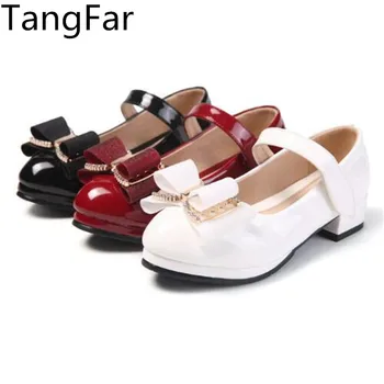 

Girls High Heel Patent Leather Dancing Shoes Bow Rhinestone Student Breathable Princess Shoe