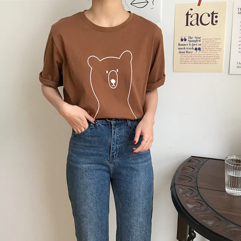 

2 colors 2019 summer women tops korean style cartoon bear print short sleeve t-shirts womens tee shirt femme (F3665)