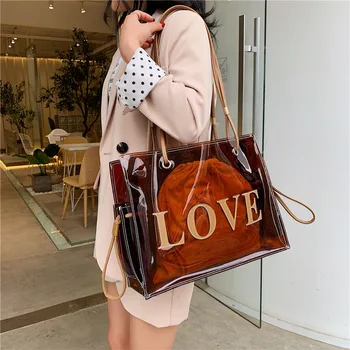 

OLUOLIN Big Bags Female Brown Transparent Women Jelly Bag PVC Plastic Shoulder Shopping 2020 Spring/Summer Beach Leisure Handbag