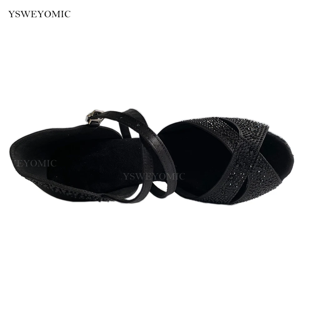 Zapatos de baile Dance Shoes 2022 New Style Black Rhinestones Black Satin Soft Insole High Quality Made Salsa Latin Dance Shoes
