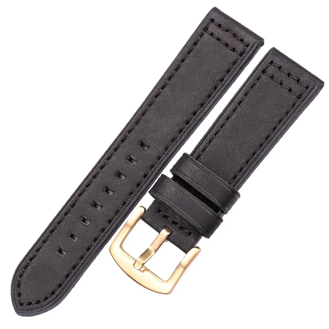 HENGRC Genuine Leather Watchbands Bracelet Black Blue Gray Brown Cowhide Watch Strap For Women Men 18 20mm 22mm 24mm Wrist Band Black gold buckle