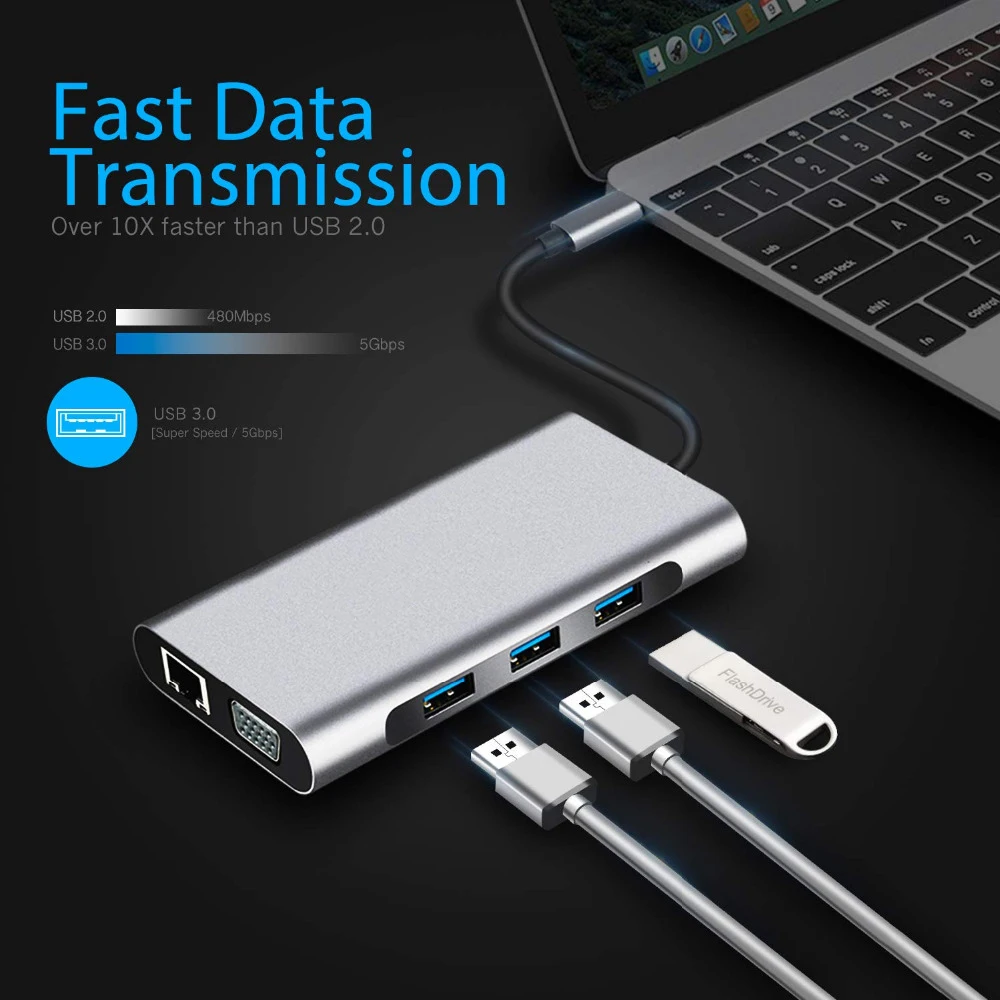 10 в 1 концентратор USB type C к USB 3,0 VGA HDMI RJ45 usb-хаб для MacBook Pro Аксессуары USB разветвитель многопортовый type C концентратор USB-C док-станция