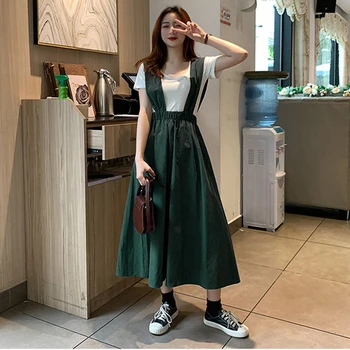 

Double Strap Skirts Womens Cotton 2020 Girls Preppy Casual High Waist Long Harajuku Skirt Summer Women Clothing Suspender Skirt